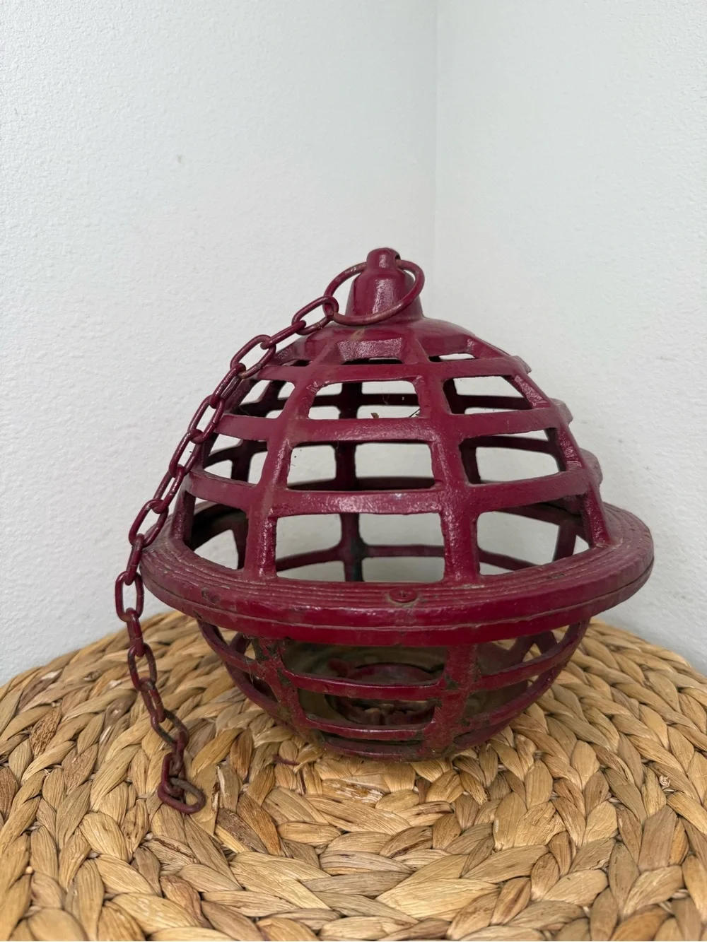Vintage Japanese Hand-Cast Iron Orb Hanging Lantern Dark Red Maroon Garden Lamp